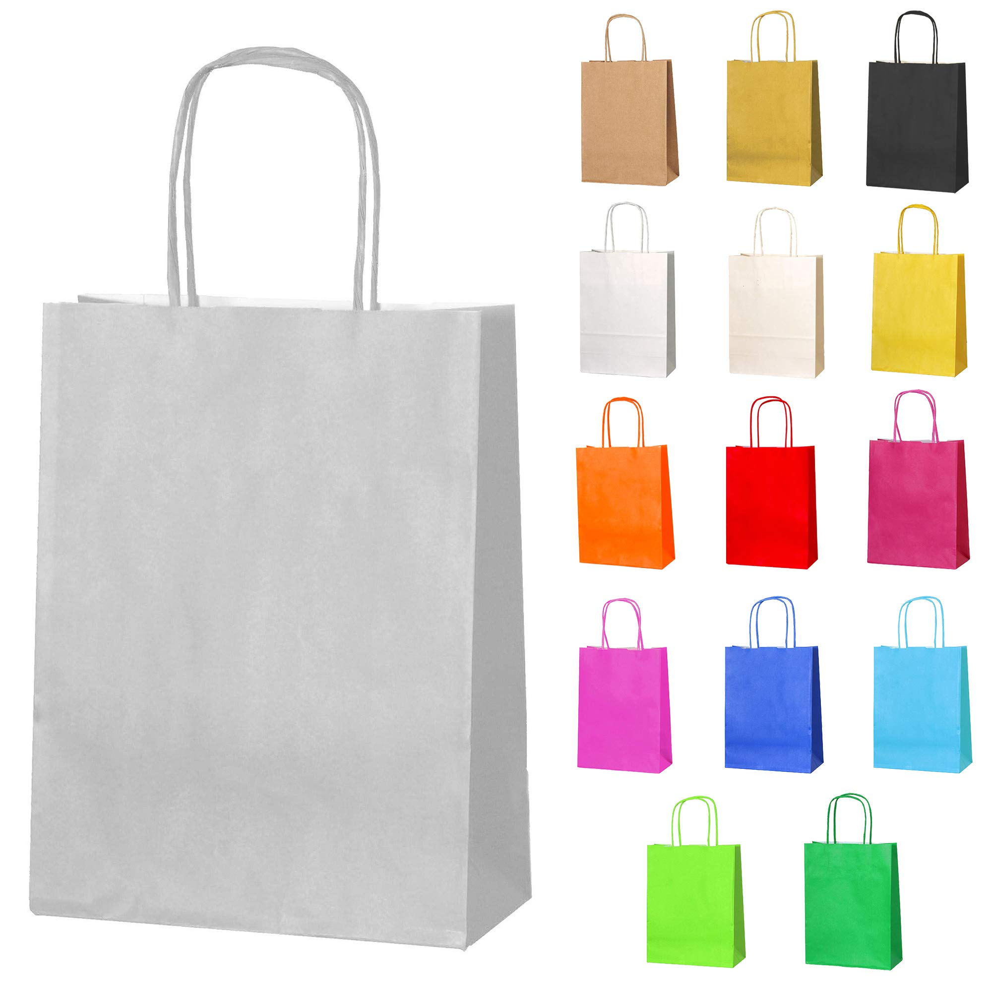 Thepaperbagstore 10 Silver Small Paper Party Bags With Handles - 18x22x8cm - Colourful Paper Gift Bags for Kids and Adults Parties, Birthdays, Weddings, Baby Showers, Hen Parties and Sweets — image 1