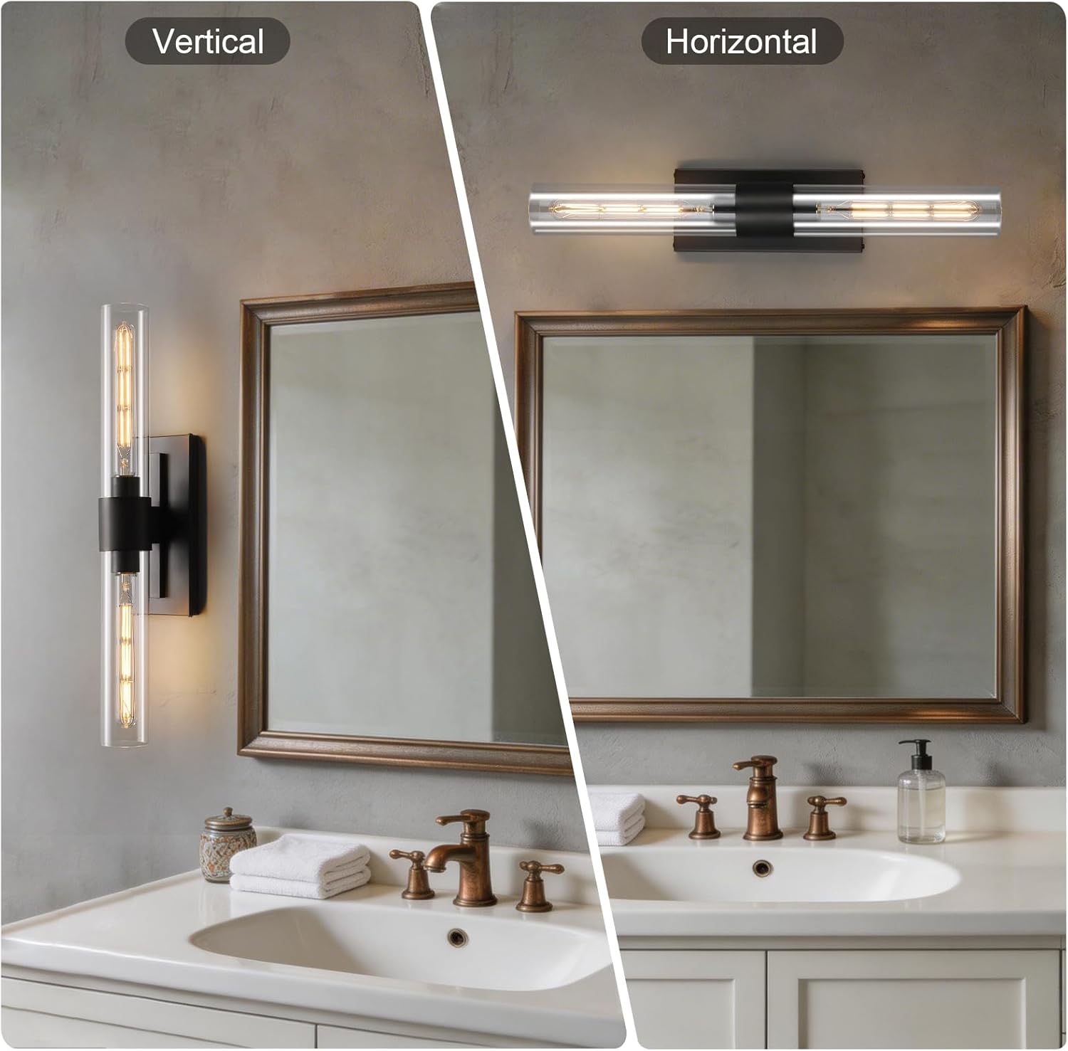 Luxury Brass Bathroom Wall Sconce - Black Vanity Light - Brushed Cylinder Glass Sconces - Vertical or Horizontal Mount Dimmable Lighting Fixture for Bathroom Living Room Bedroom Entryway Porch Hallway