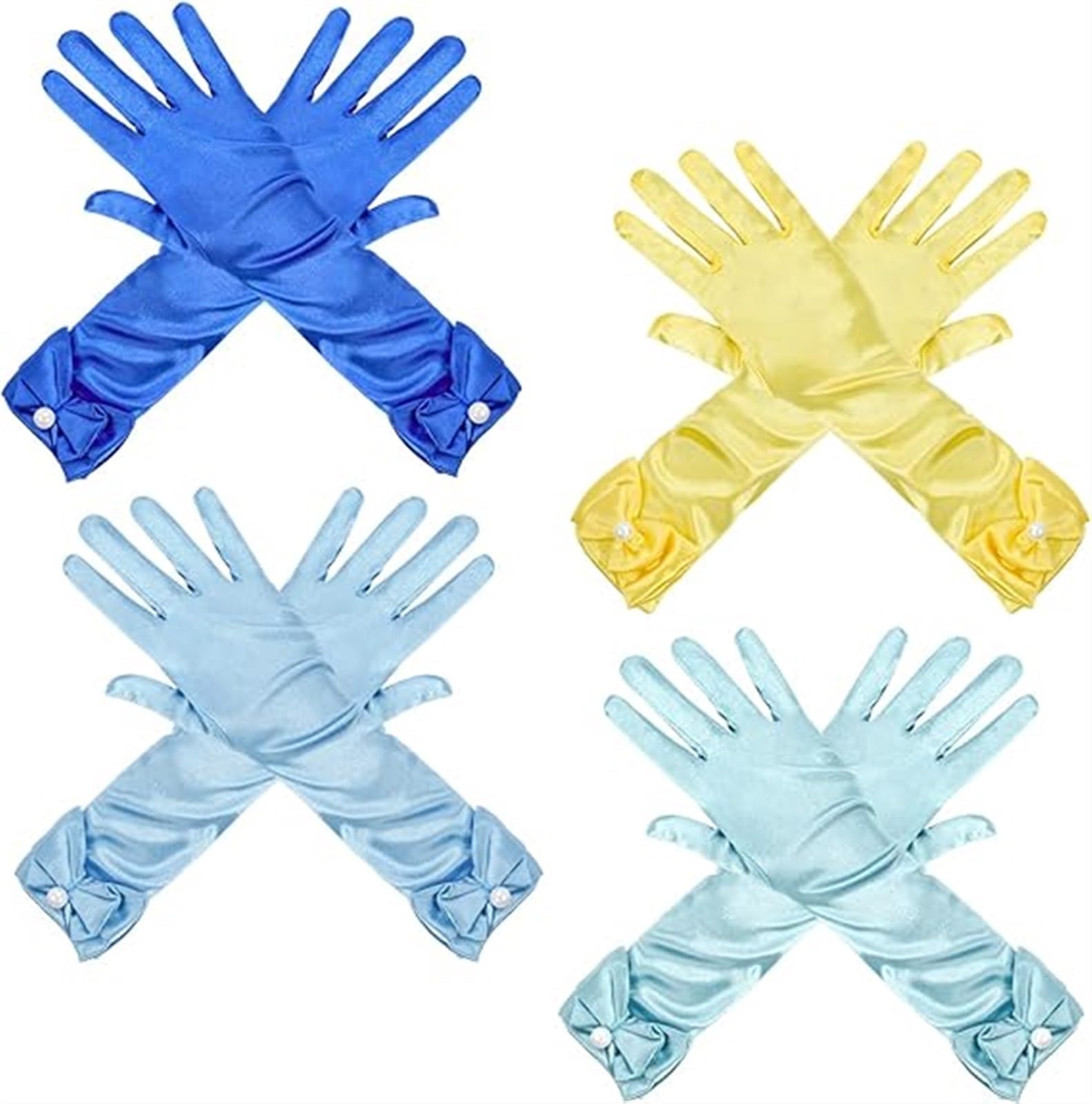 THE WHITE SHOP 4PCS,Blue + Lake blue + Royal blue + yellow, Girls Princess Gloves,Girl White Long Satin Princess Dress Up Diamonds Bows Gloves for Birthday,Wedding, Costume Party