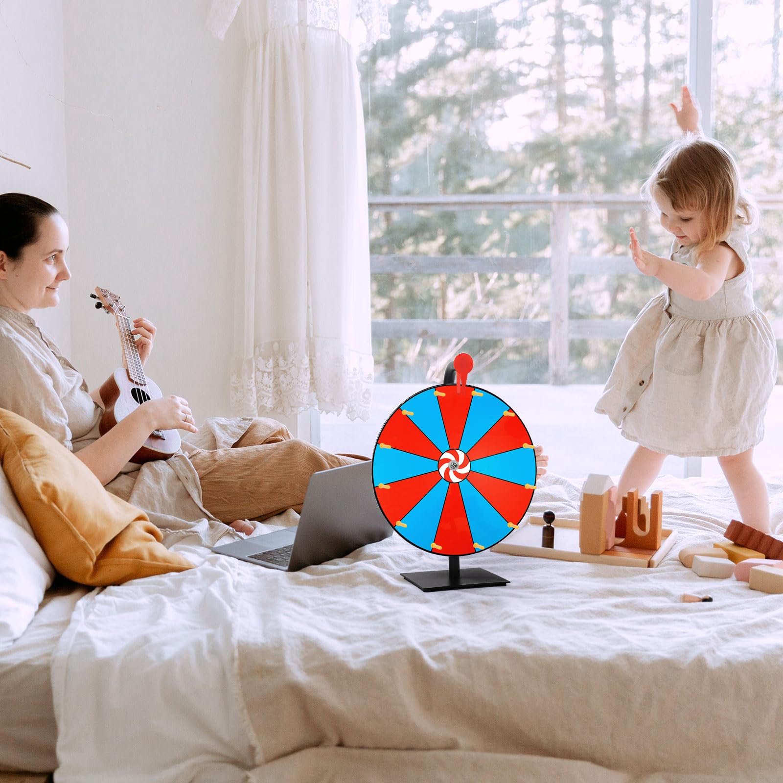 Kit Ruota dei Premi Girevole da 40cm, Ruota della Lotteria a 12 Slot con Supporto Ruota della Roulette Ruota da Tavolo per Carnevale Fiere Vinci Giochi di Giri della Fortuna (Rosso & Blu)