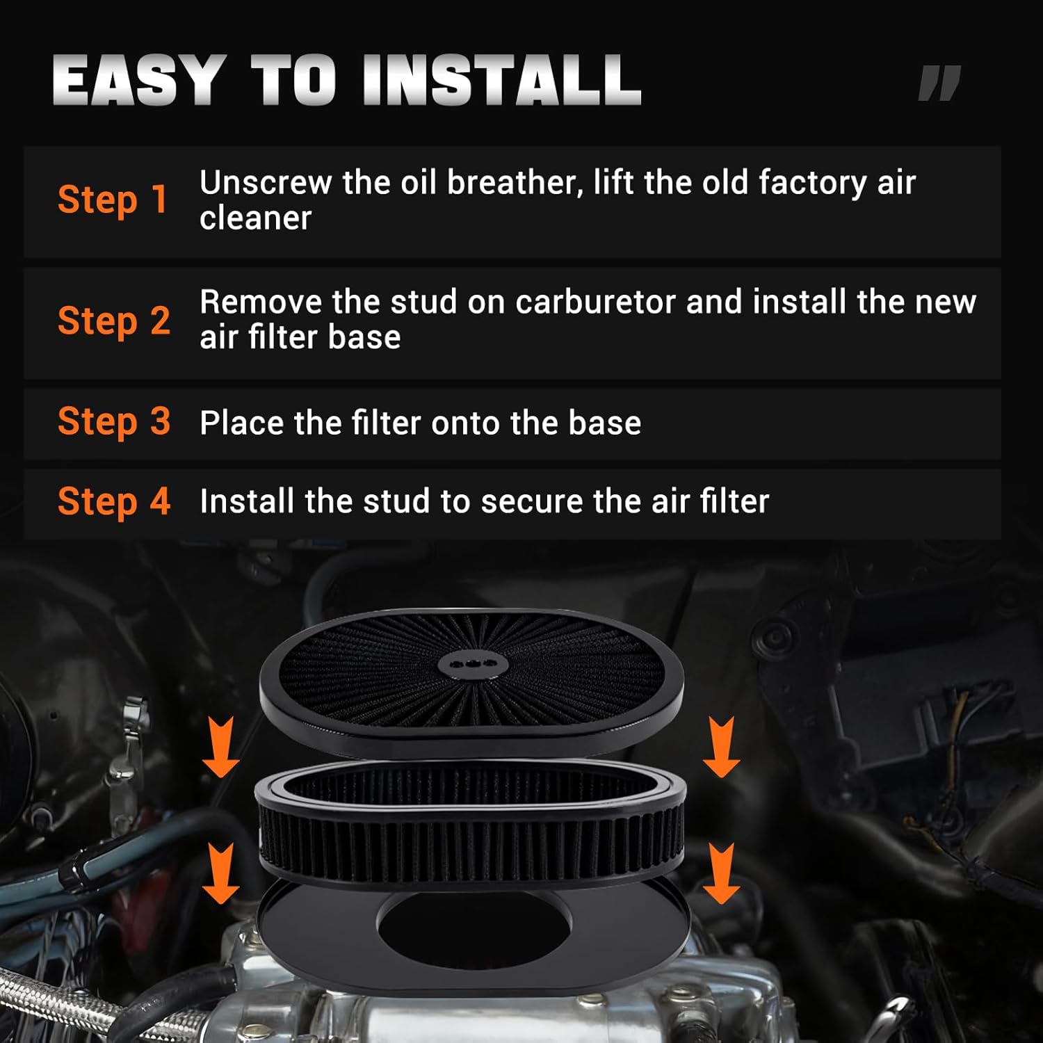 12" x 3"/12" x 2" Oval Air Filter Assembly Kit w/Flow-Thru Lid High Flow Chrome Washable and Reusable Compatible with GMC Chevy Ford Chrysler Dodge Fit For 5-1/8" Carburetor Neck (Black)