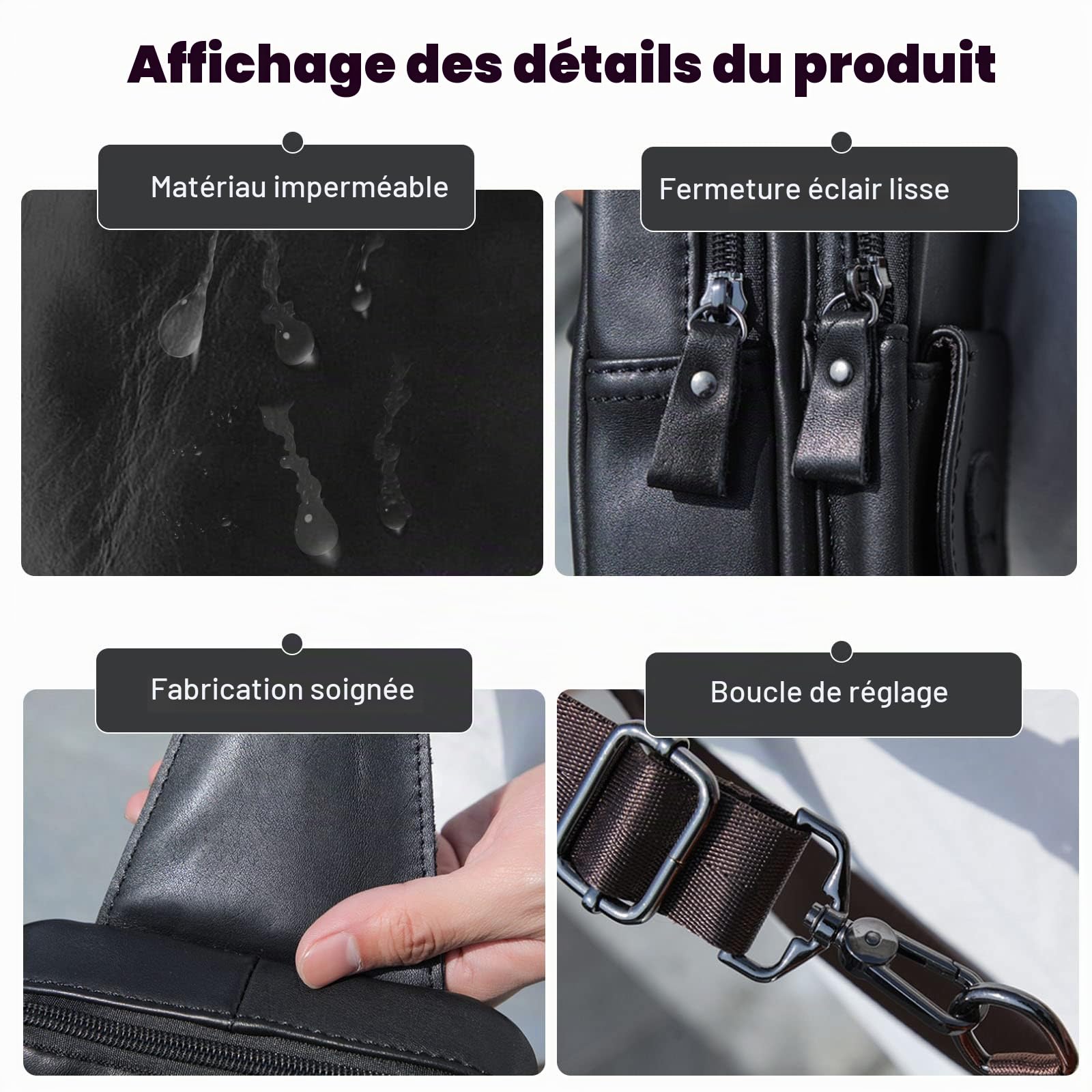 FANDARE Rétro Sac Poitrine en Cuir Homme Sac Bandoulière Randonnée Sacoche Sac Bandouliere Sac d'Epaule Sacoche pour Voyage Sports épaule Travers Cyclisme Moto Imperméable Sling Crossbody Bag Noir