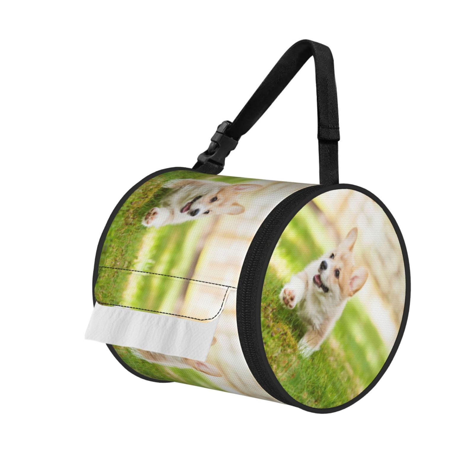 Jiuty Black Corgi Puppy Print Cylinder Tissue Organizer Bag With Strap, Portable Toilet Roll Holder For Camping Car