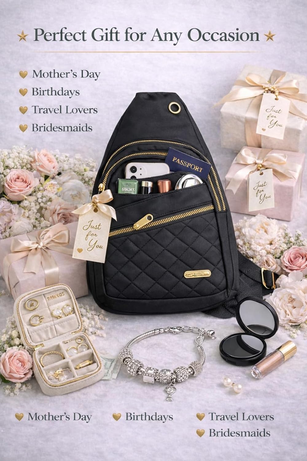 Travel Essentials Gift Set for Women – 7 Pc Travel Kit with Sling Bag, TSA Pouch, Jewelry Case & Sleep Mask