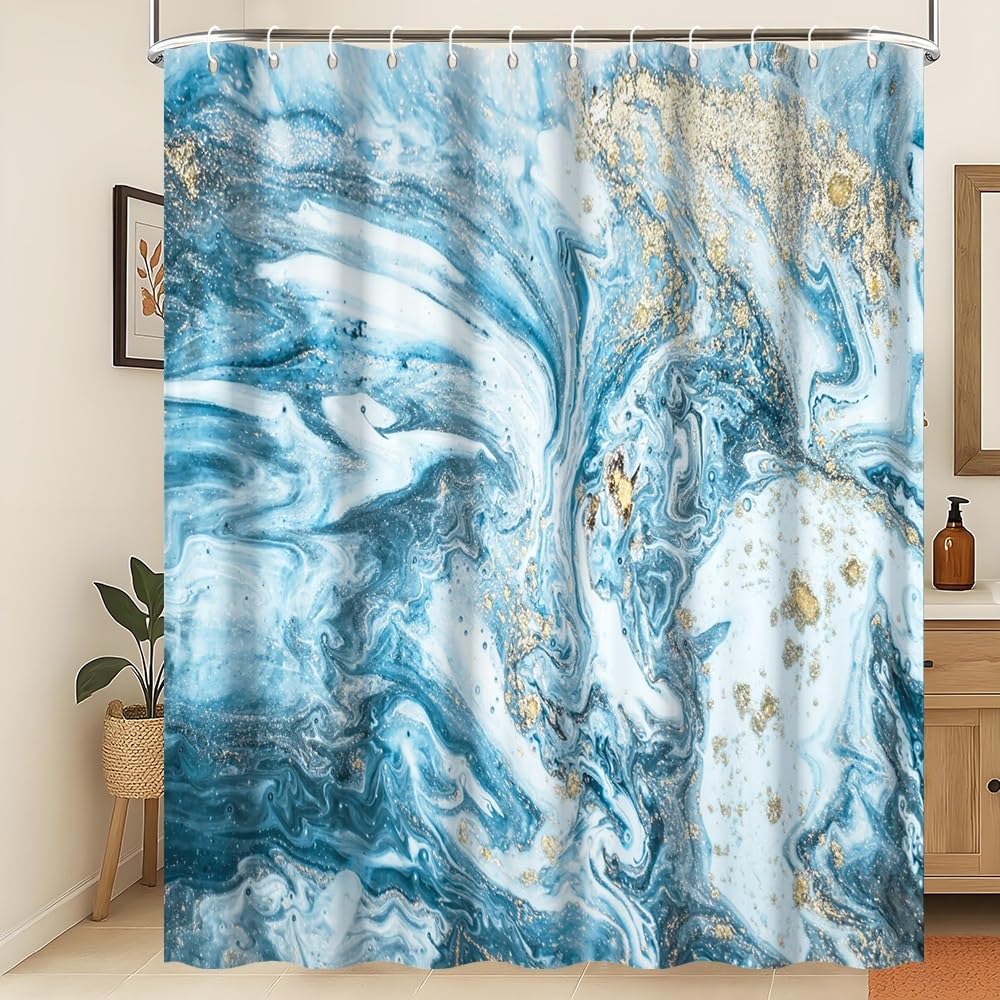 Xiaoterna Blue Marble Shower Curtain Modern Concise Design Waterproof Bathroom Curtain Abstract Contemporary Aesthetic Washable Mildew Resistant Polyester Fabric Bathroom Decoration 180x180cm