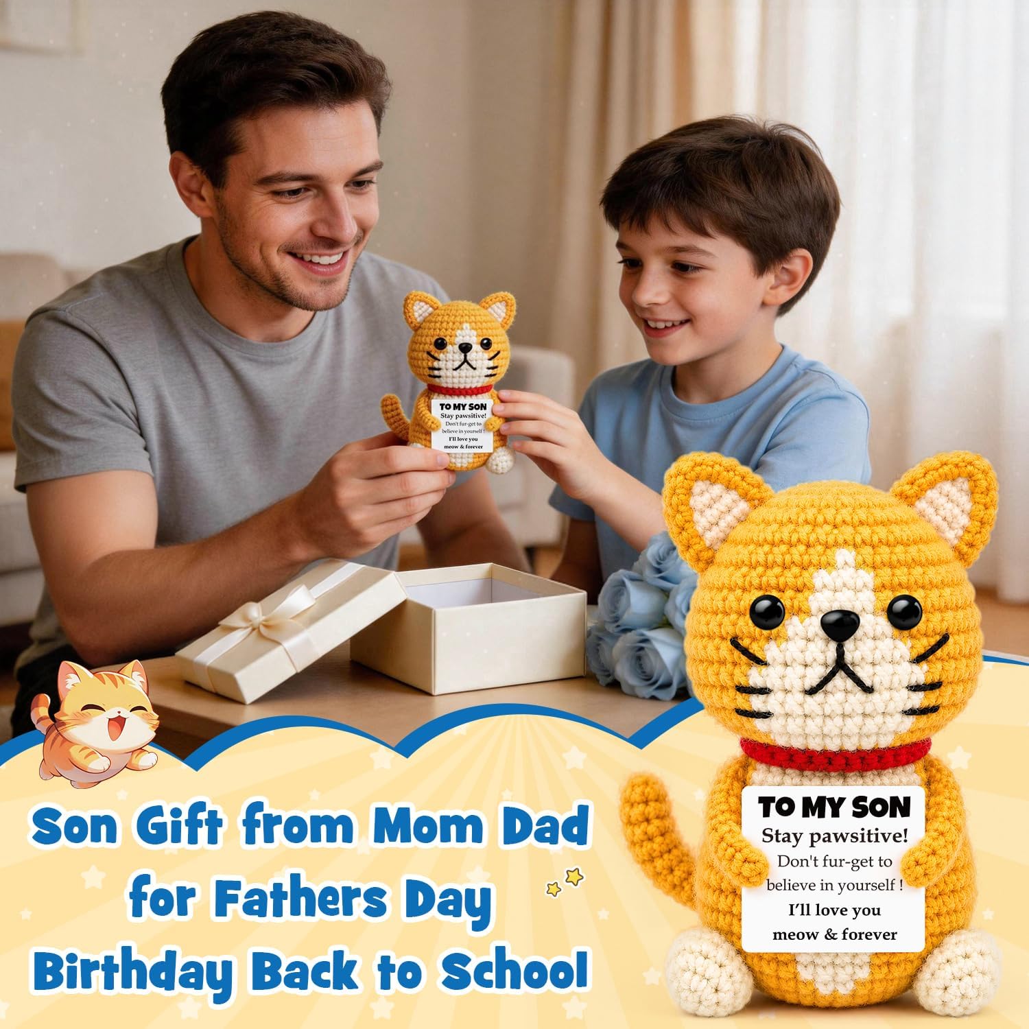 Son Gifts from Mom Dad,Year Old Boy Birthday Son Graduation Gift for Him,Handmade Crochet Cat Gift for Teen Boys Best Son Ever in Law Bonus Step, for Adult Son