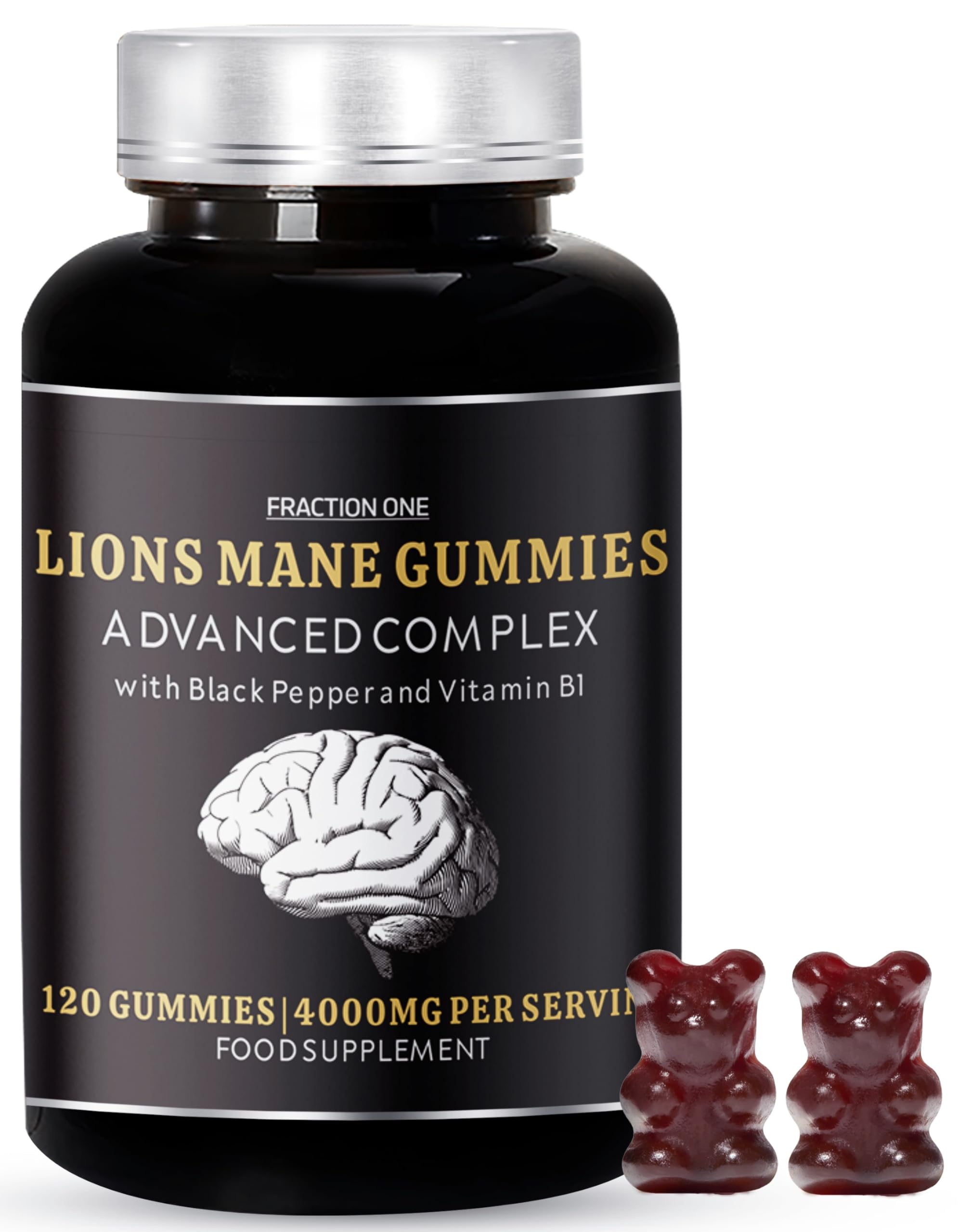 Fraction One Lions Mane Mushroom Gummies – 120 Gummies – 4000 mg per Serving, Lions Mane Extract 15:1, Black Pepper, BioPerine Extract 10:1 and Vitamin B1 – Supports Nerve Health – 60 Days Supply