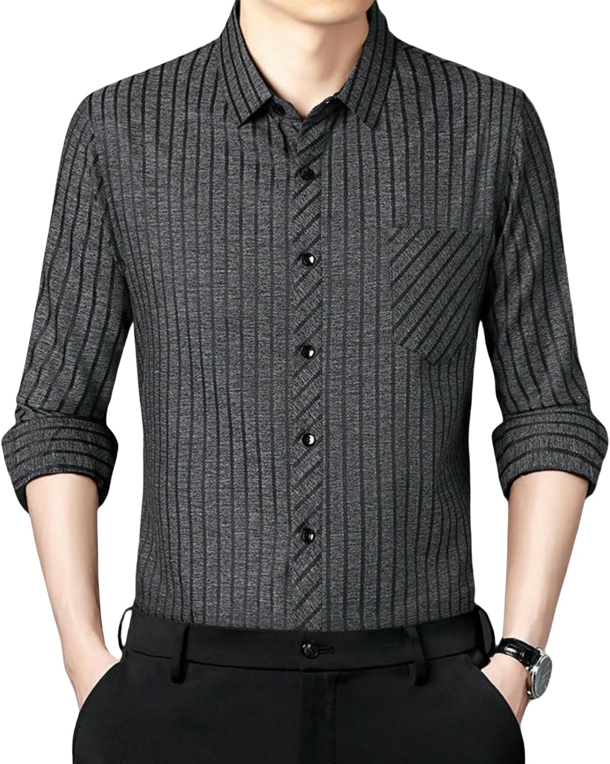 Men's Spring Mulberry-Silk Striped Lapel Loose Long Sleeve Shirt