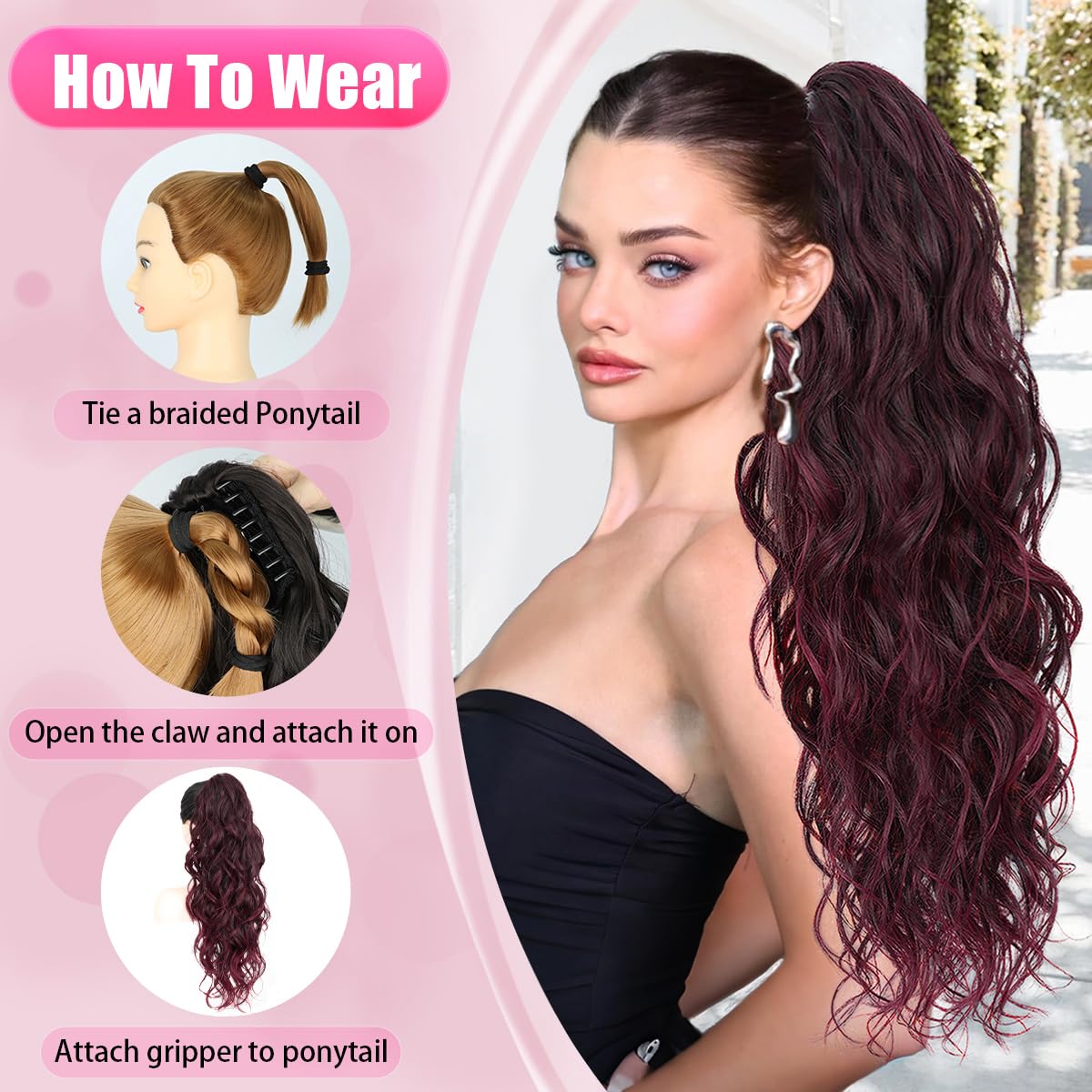 Ponytail Extension, Claw Clip Ponytail Extension Long Wave Ponytail Extensions for Women Fluffy Natural Synthetic 26 Inch Hairpiece for Daily Use(Color:Ombre Burgundy）
