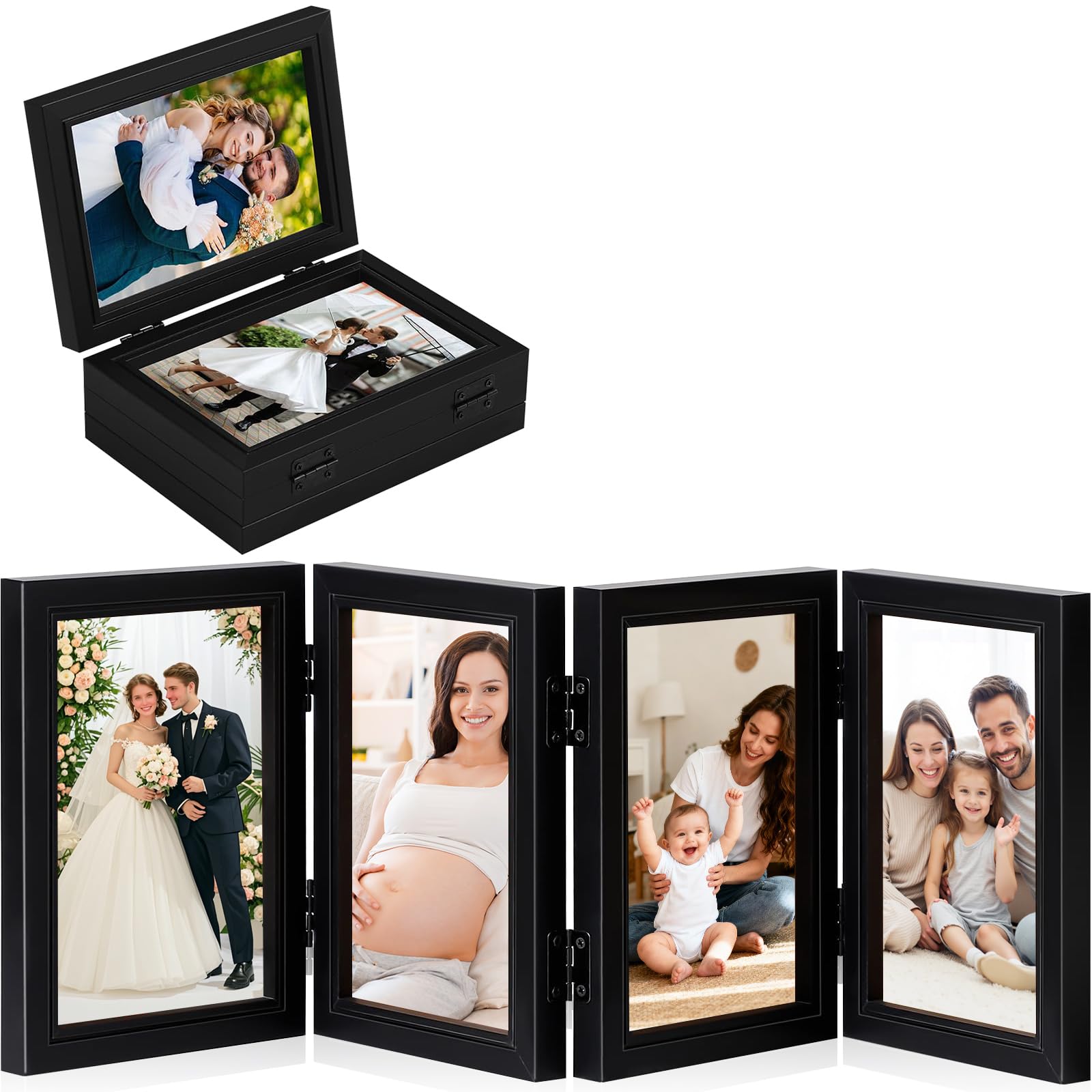 Photo Frame, Hinged Photo Frames 4x6 inch Multiple Pictures, Rustic Wood Effect Folding Picture Frame Photo Stand with High Definition Glass, 4 Opening Photo Frame for Desktop Birthday Gifts