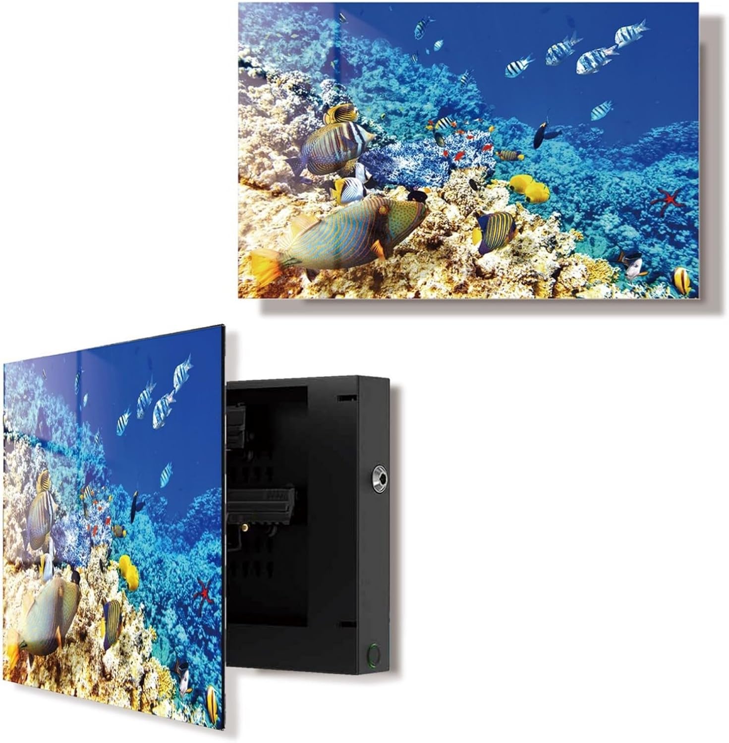 Hidden Gun Safe for Handgun, Pistol Safe with Fingerprint & KEY Access, Seabed Wall Art Glass Hidden Gun Storage with Decor Function For Wall-Mounted, Fathers Day Gift -18.9IN