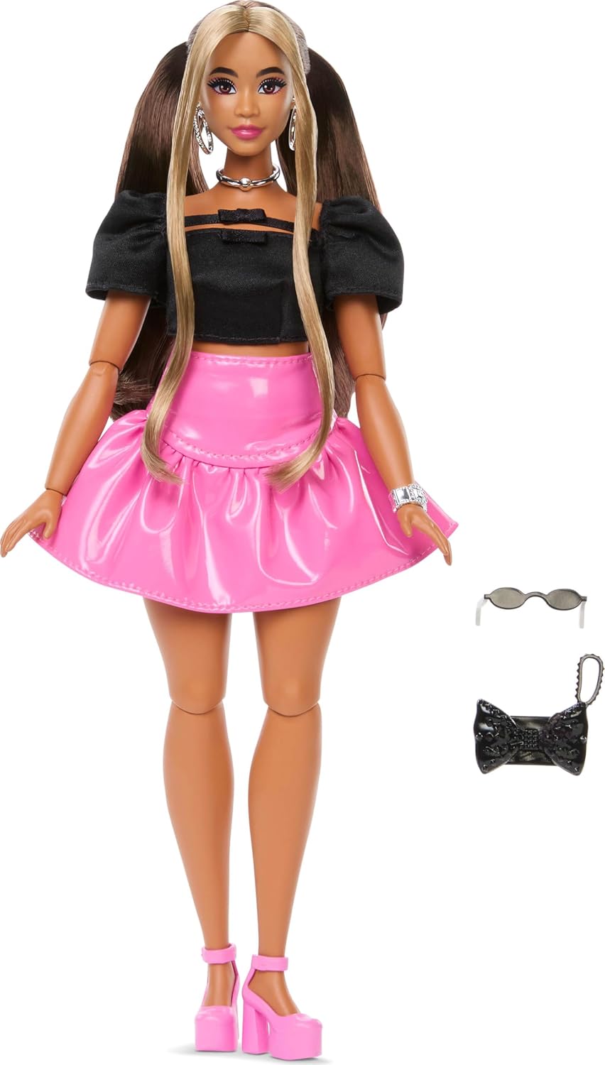 Barbie Deluxe Style Doll #16 in Pink Vinyl Barbiecore Skirt, Black Satin Crop Top, Long Brown Hair, Black Clutch, and Silver Jewelry​​