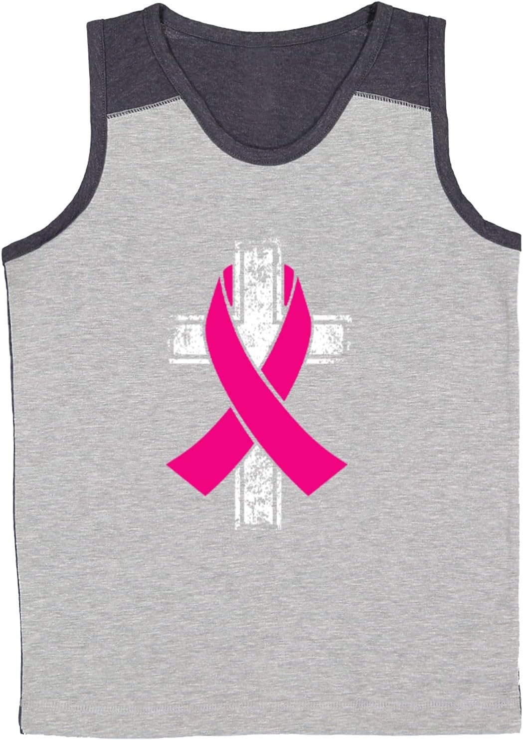 Distressed White Cross with Pink Ribbon Youth Contrast Back Tank Top