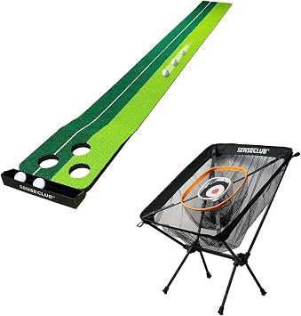 SENSECLUB Portable 3 Holes Putting Mat with Box & Foldable Chipping Net