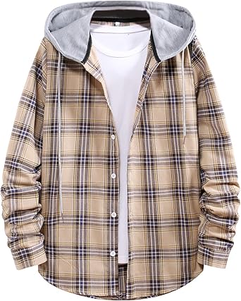 WABEOR Mens Casual Hooded Plaid Shirts Long Sleeve Big and Tall Button Down Flannel Shirts Casual Regular Fit Lightweight Jacket