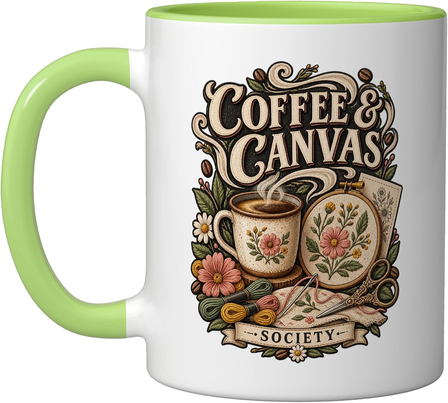 COFFEE & CANVAS Coffee Lover Artistic Crafting Society Ceramic Mug, Light Green/White, 11oz