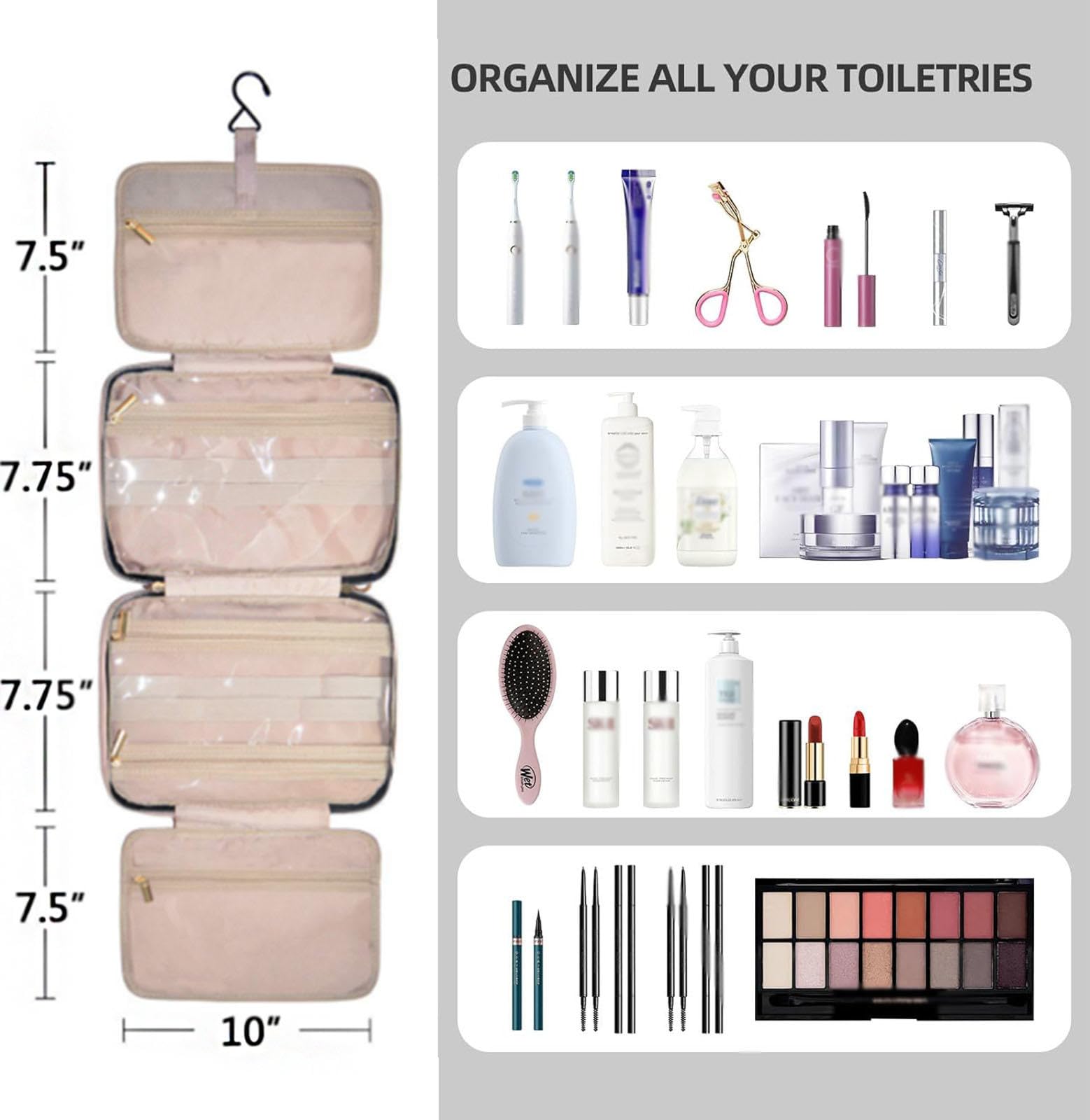 Borsa per Trucchi Portatile con Gancio per Appendere, Borsa da Toilette Impermeabile per Donne e Ragazze, Borsa per Cosmetici di Grande Capacità, Accessori da Viaggio,A