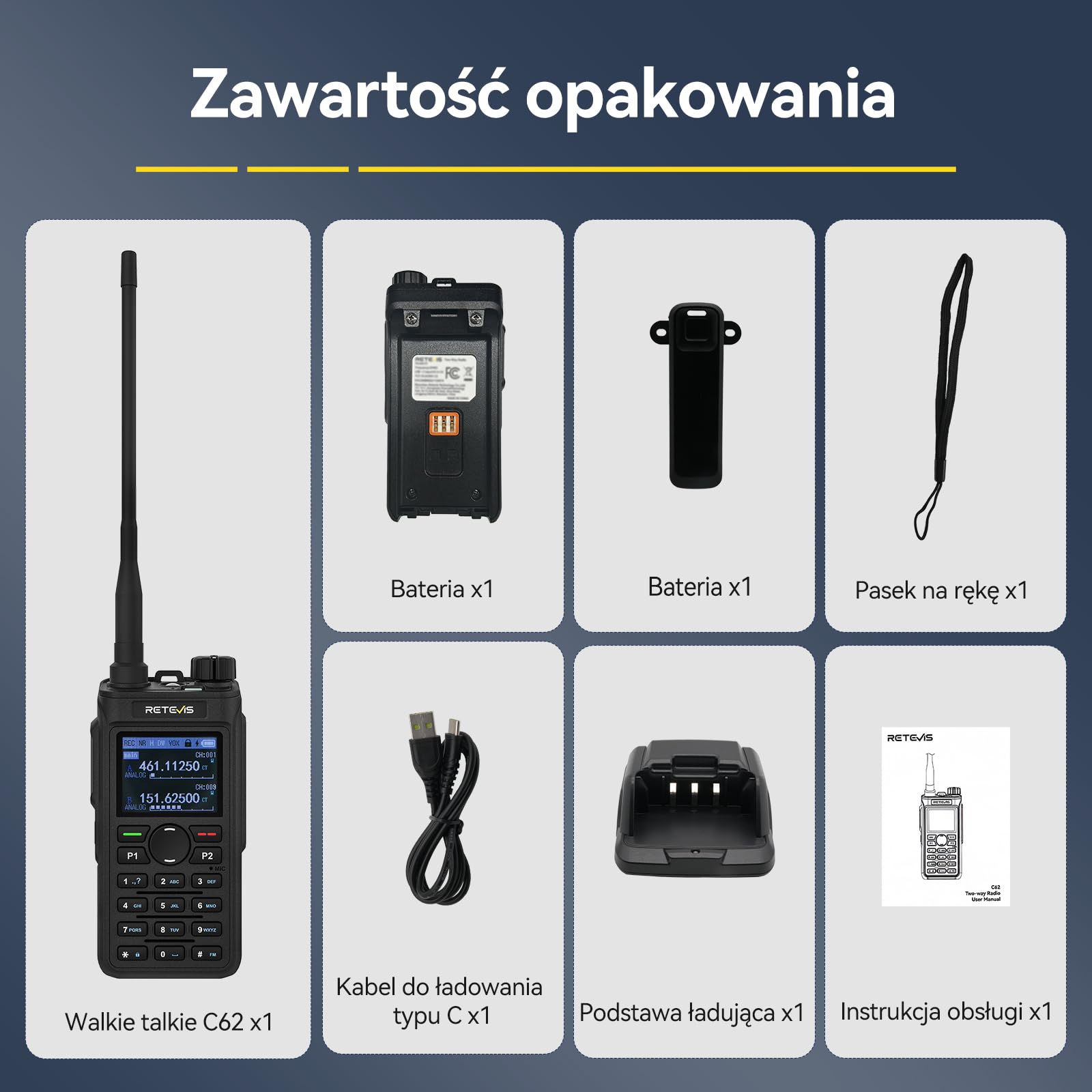 Retevis C62 Przenośne Radio, Akumulatorowe Ham Radio, Walkie-talkie o Dużym Zasięgu, 2000mAh, do Restauracji, Hoteli, Supermarketów (opakowanie 1 szt)