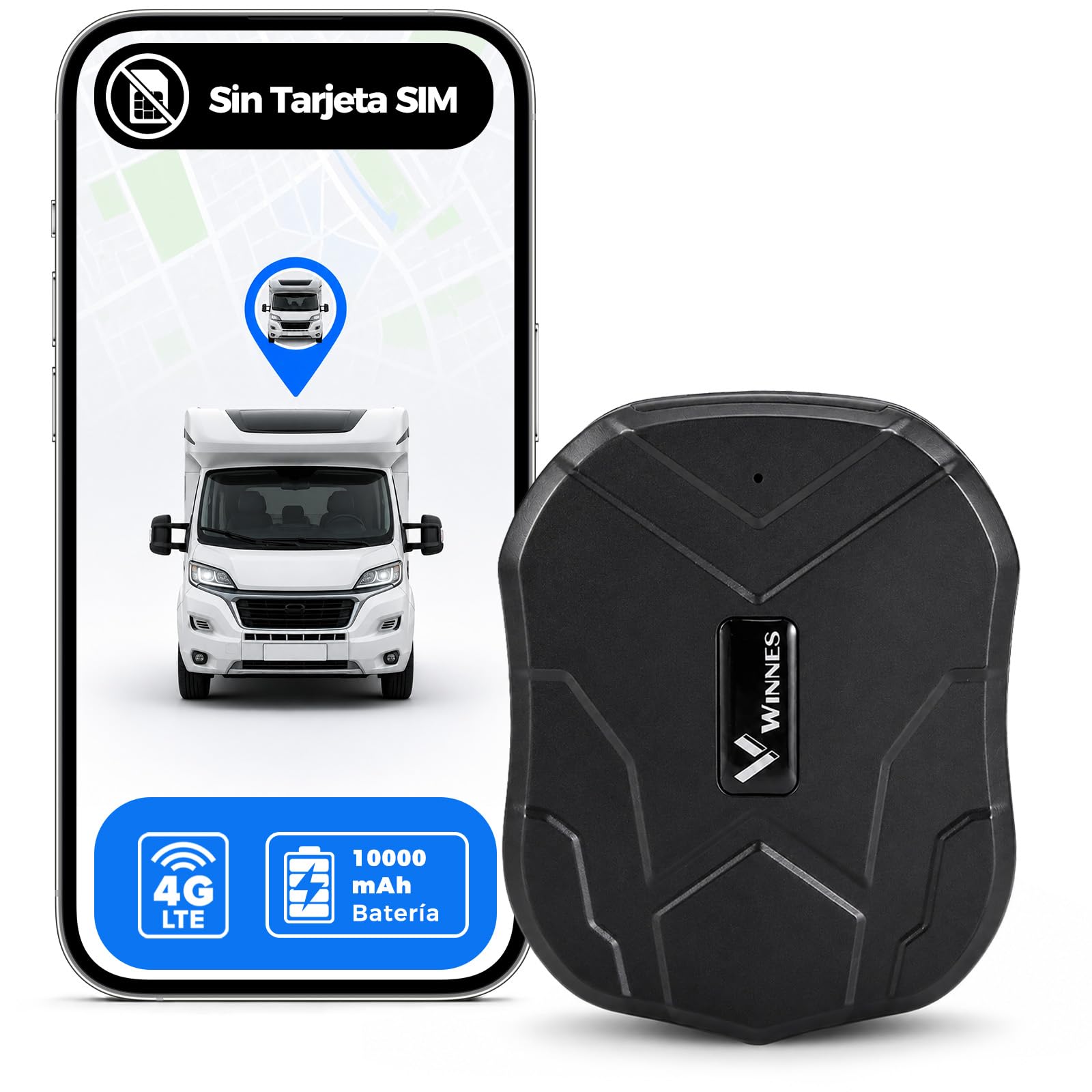 WINNES Localizador GPS para Coche 4G con Seguimiento en Tiempo Real | Batería de 10000 mAh, Imán Potente, Historial de Rutas, Alertas de Vibración y Movimiento, Geocercas, Sin Tarjeta SIM