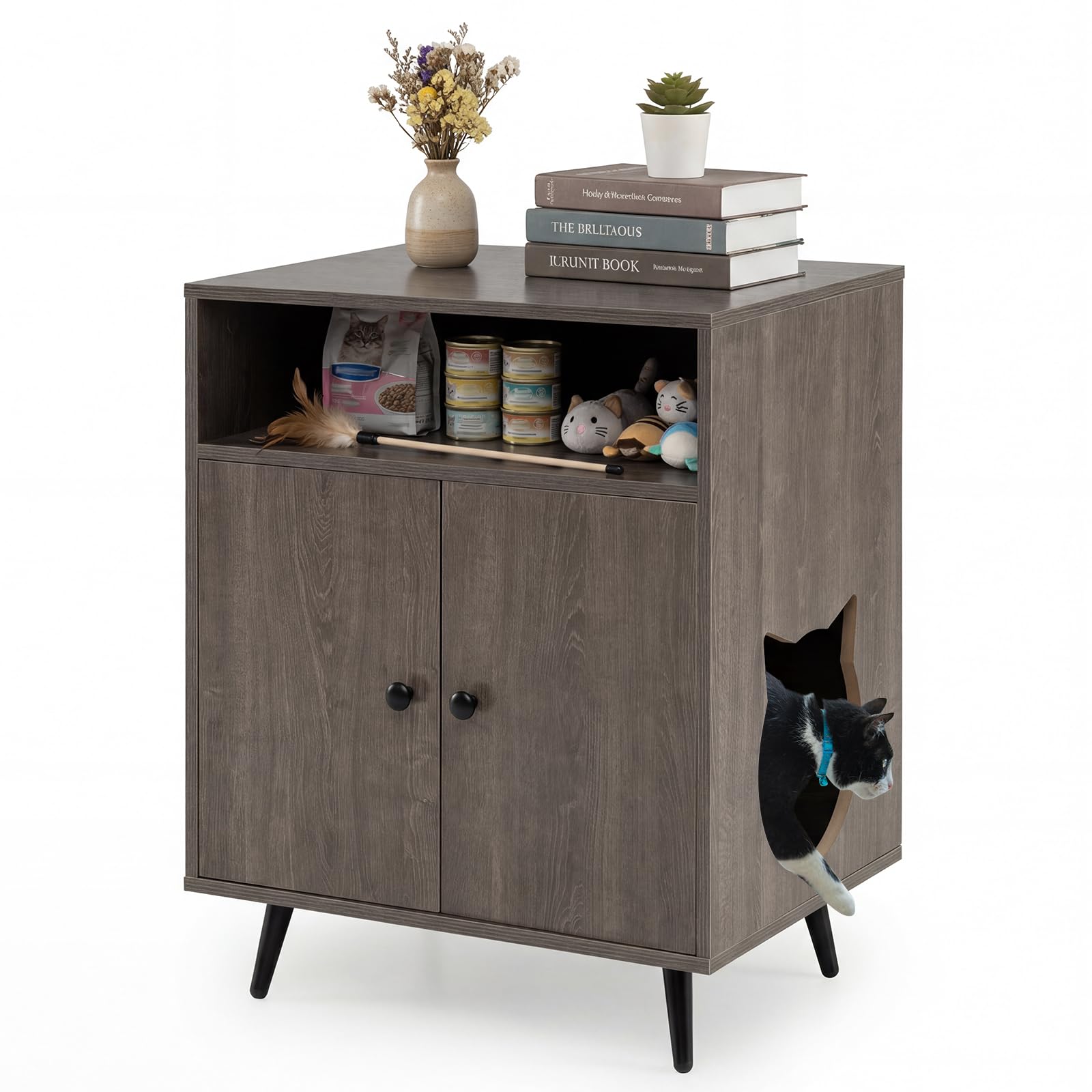 GYMAX Wooden Cat Litter Box Enclosure, Hidden Kitty Washroom Storage Cabinet Nightstand Side Table with 2 Doors and Open Compartment, Cat House Pet Crate for Living Room & Bedroom (Gray)