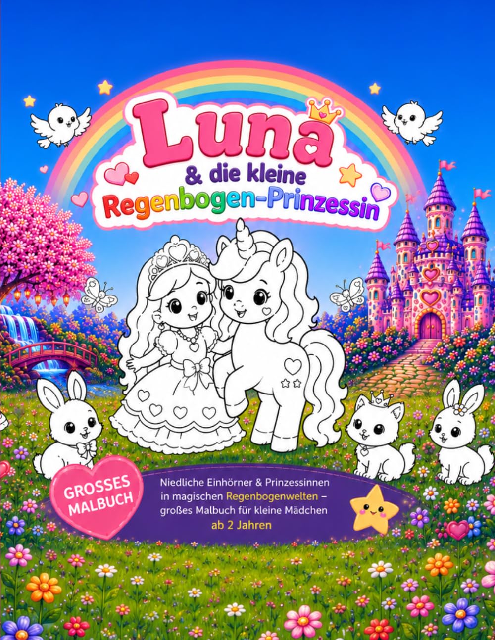 Luna & die kleine Regenbogen-Prinzessin: Niedliche Einhörner & Prinzessinnen in magischen Regenbogenwelten – großes Malbuch für kleine Mädchen ab 2 Jahren