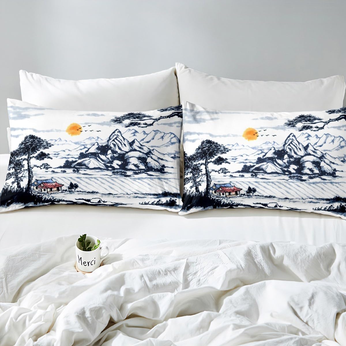 Japoński styl super king size, zestaw poszewek na kołdrę, obraz atramentowy, miękka poszewka na kołdrę, całoroczna poszewka na kołdrę, 260 x 220 cm, szczotkowana mikrofibra, hipoalergiczne zestawy