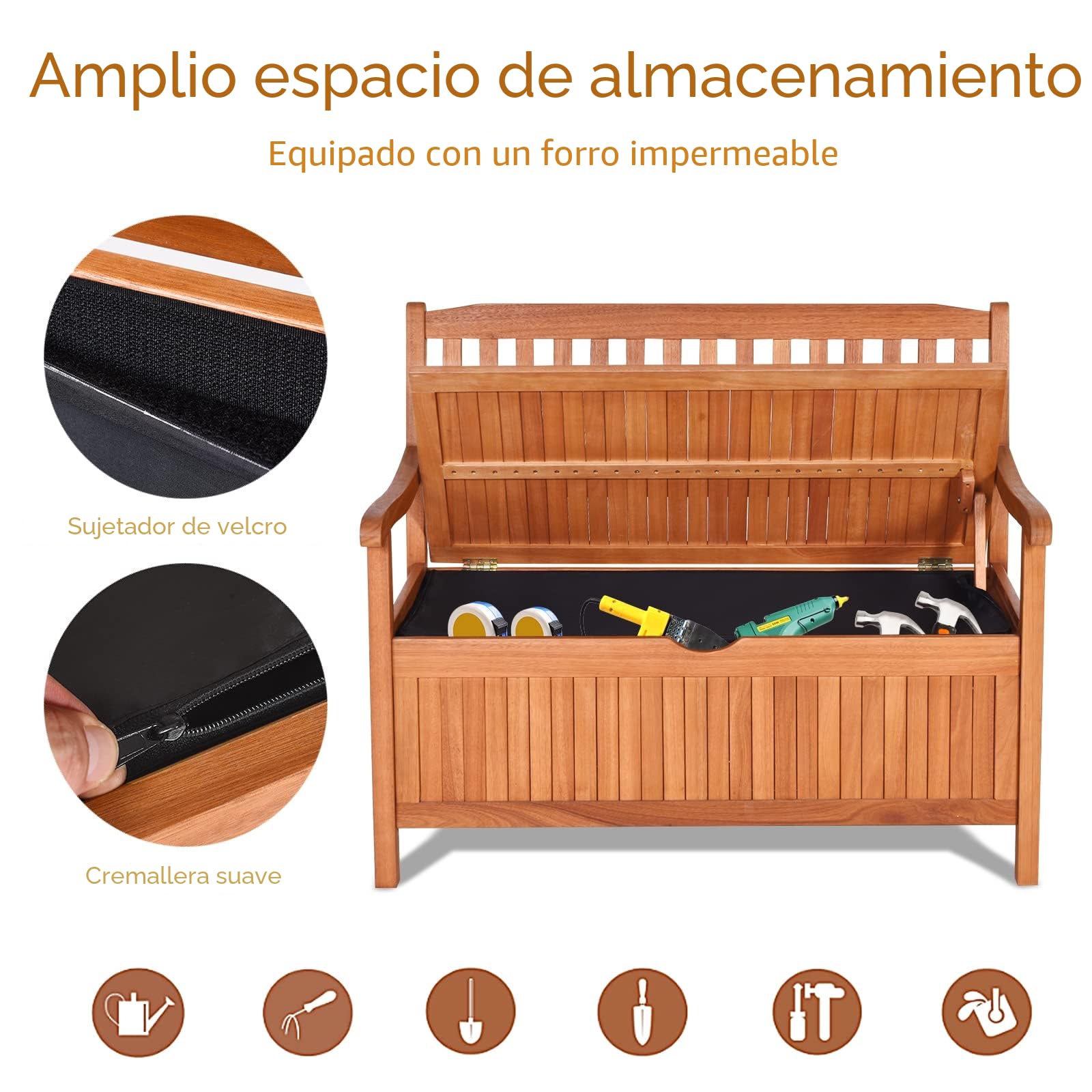 KOMFOTTEU Arcón de Jardín de Madera de Acacia, Banco Contenedor para Exterior de 2 Plazas Con Respaldo y Reposabrazos, Baúl Almacenaje Con Bolsa, 107 x 59 x 90 cm