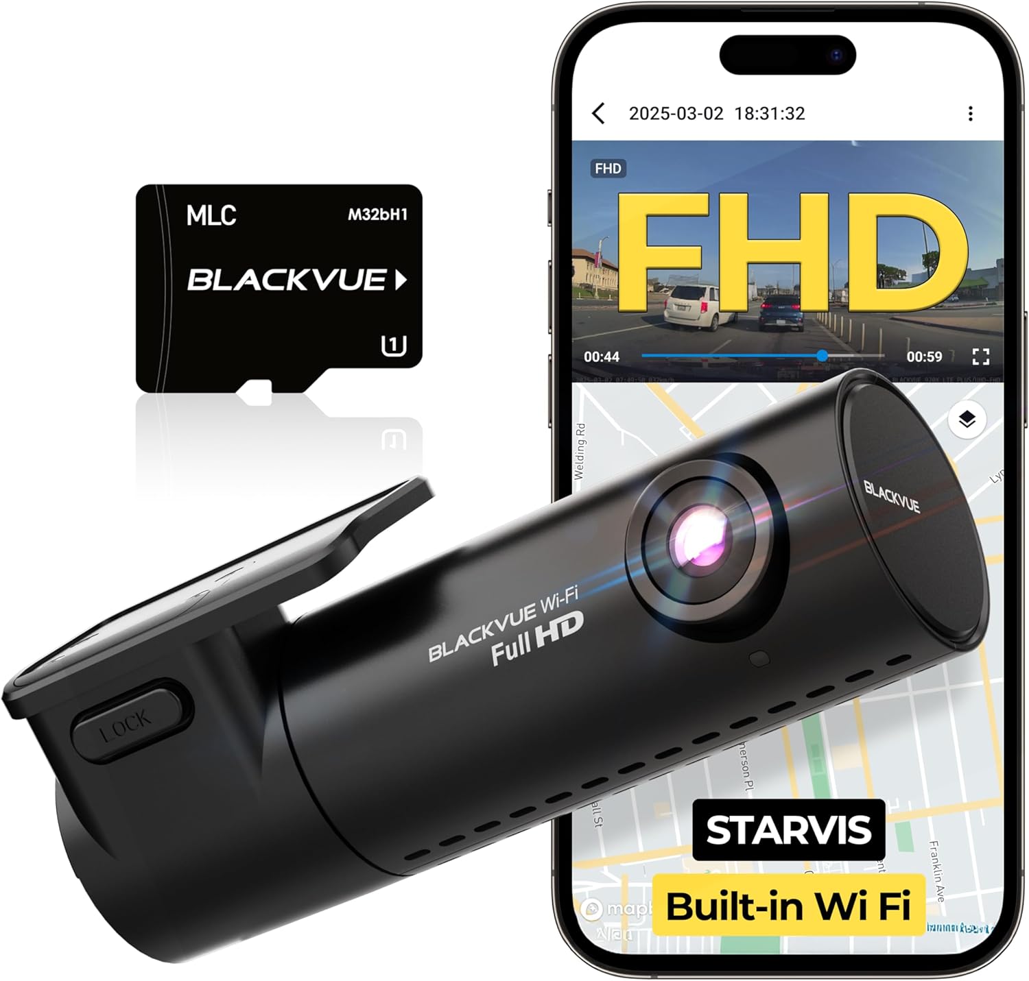 BlackVue DR590X-1CH Plus 32GB Dash Cam - Full HD 60fps Dash Cam Front, STARVIS, Free Hardwire Cable & SD Card, Built-in Wi-Fi, Parking Mode Support, App Control Dashcam