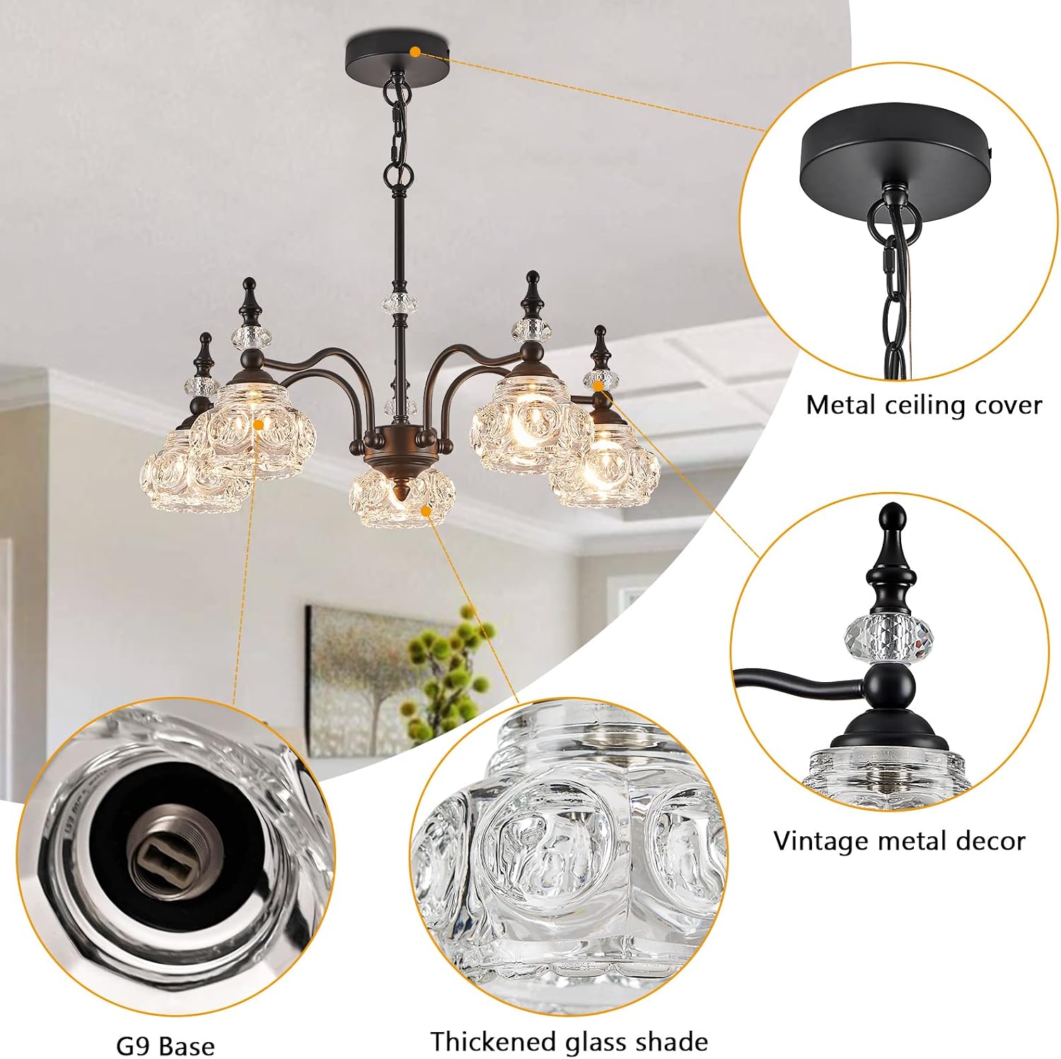 Vintage 5-Light Chandelier Black Kitchen Pendant Light Fixtures Finish with Crystal Glass Shade for Living Room Dining Room Bedroom Chandelier Over Table