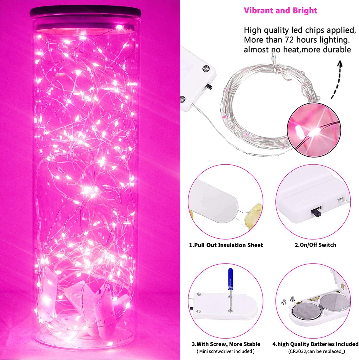 SmilingTown 15 Packs 20 Led Pink Fairy String Lights Battery Operated 6.6ft Silver Wire Firefly Starry Lights Waterproof for Bedroom DIY Table Bottle Wedding Valentine's Day Party Decor - Image 3
