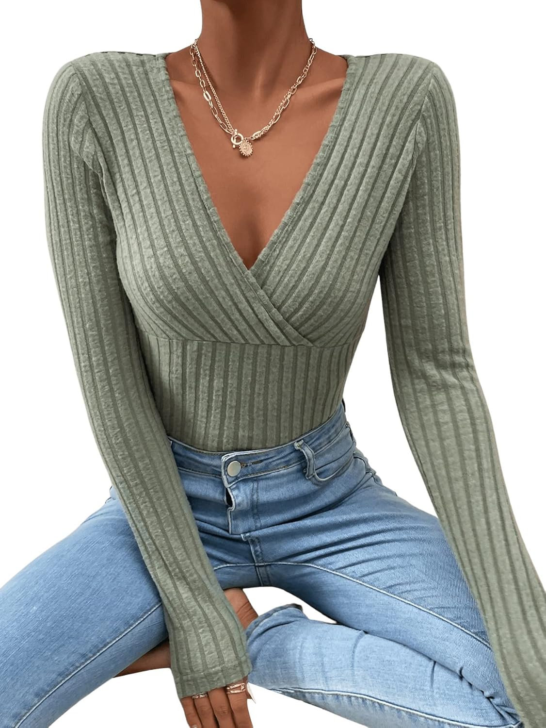 SweatyRocks Women's Long Sleeve Bodysuit Tops Wrap V Neck Ribbed Knit Jumpsuit - Image 5
