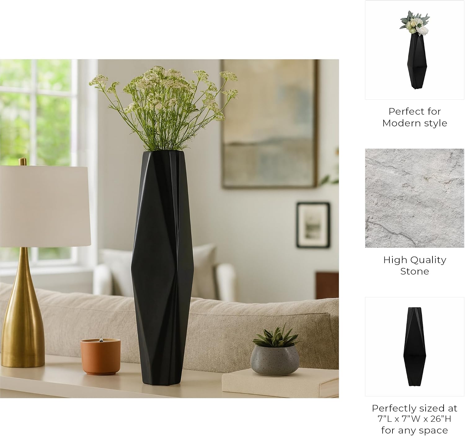 Decorative Tall Ceramic Vase for Living Room Decor - Decorative Flower Vase for Home, Bedroom, and Office Decor - Modern House Accent for Entryway, Dining Room, and Table Display - 26", Black