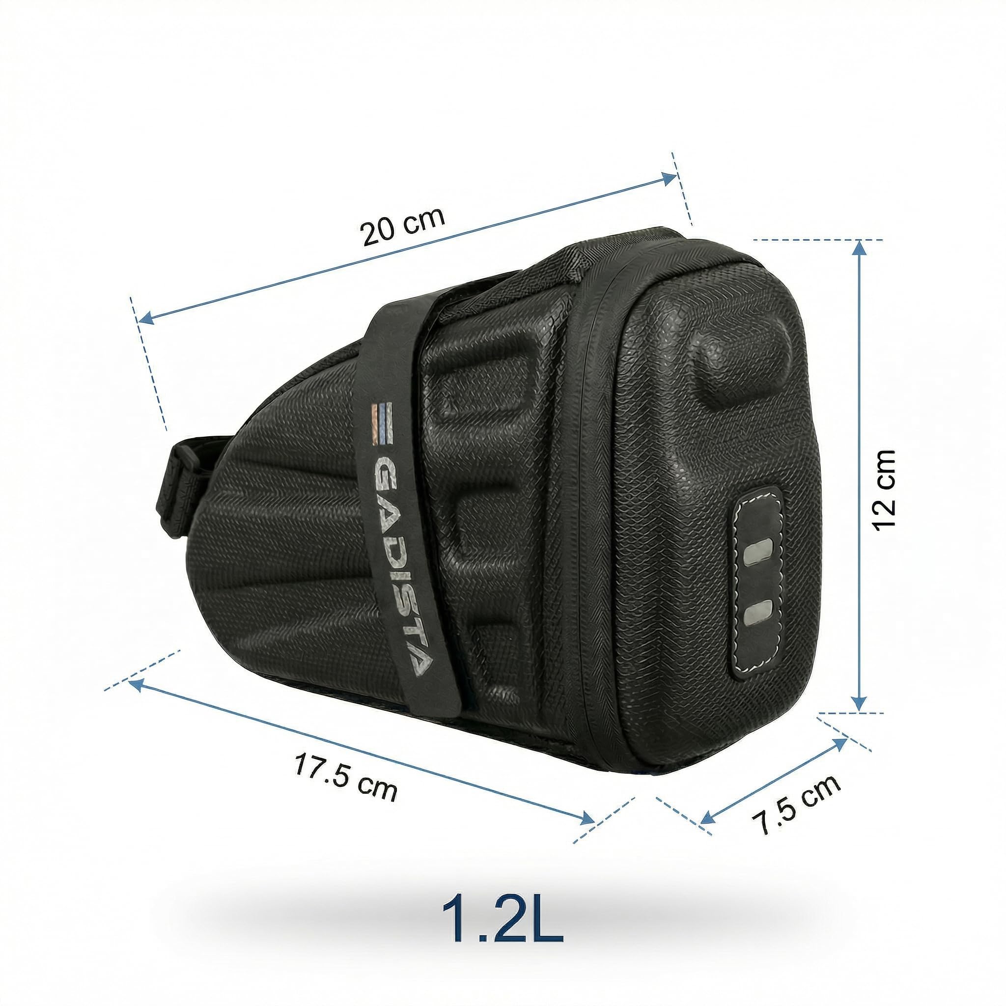 GADISTA Sacoche de Selle Vélo Coque Rigide Étanche VTT Route 1,2 L | Fixation velcro rapide, rangement pour outils et chambre à air, avec bandes réfléchissantes