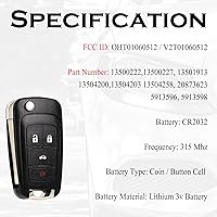 Vista 3 de Keyless Entry Remote Control Key Fob Replacement Fits for Chevy Cruze Equinox Camaro Impala Malibu Sonic Buick Regal Verano Encore Allure Lacrosse