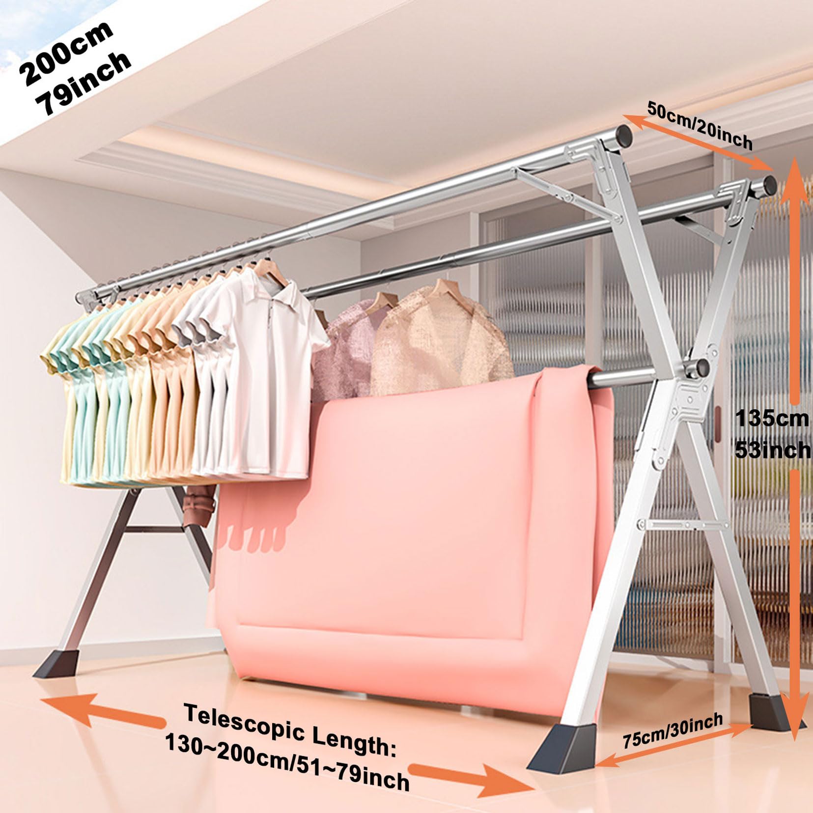 Stendino da Balcone Esterno Pieghevole, Stendino Salvaspazio da Balcone, Stendibiancheria Estensibile, Stendibiancheria Acciaio Inox, per Abbigliamento (200cm)