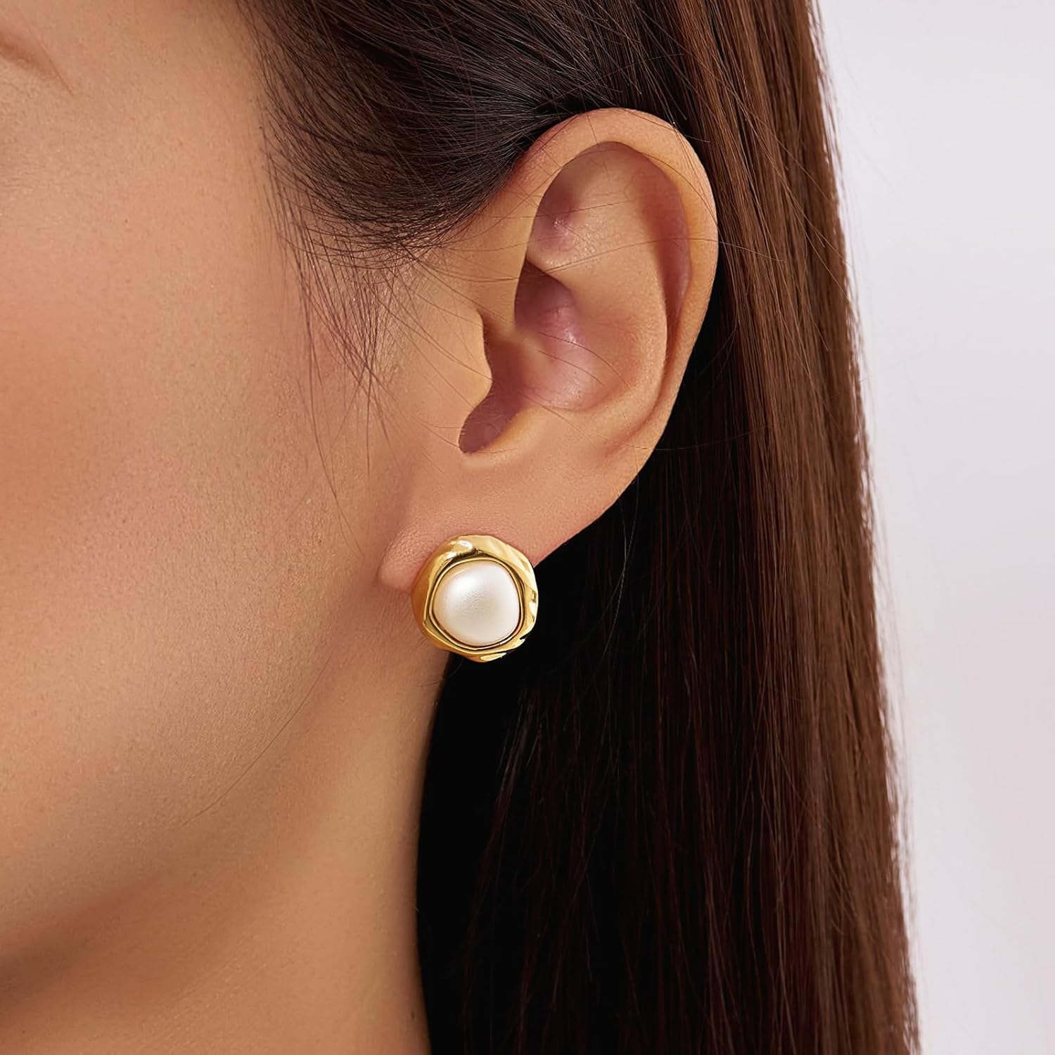 Gold Statement Pearl Stud Earrings for Women, Trendy Geometric Hypoallergenic Earring Jewelry Gift - Image 3