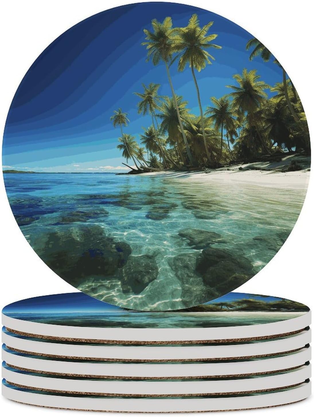 Palm Trees and Clear Sea Coasters Round Coasters Set Ceramic Stone Coaster with Cork Base Coffee Cup Beverage Cup Mat Cute Funny Table Drinks Coaster for Mugs and Cups Office Kitchen