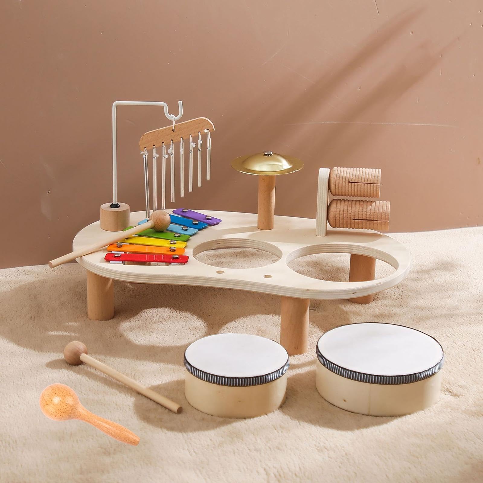 Tamburello Xilofono Giocattolo, Batteria per Bambini, Giocattolo Educativo Musicale, 5 in 1, Allenamento delle capacità Motorie