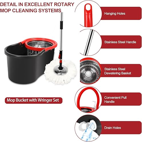 Miniatura 3 de Juego de trapeador giratorio y cubo con escurridor, 3 almohadillas de microfibra lavables incluidas para limpieza del piso, mango ajustable de acero