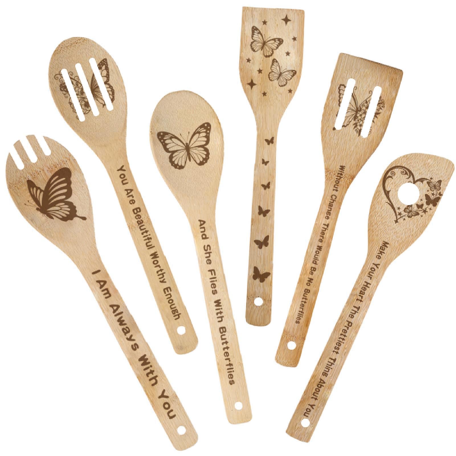 PRESSINART 6Pcs 6 Styles Butterfly Wooden Utensils Set for Cooking 11.8 x 2.4 Inch Bamboo Kitchen Spoons Durable Wood Spoons Set for Housewarming Wedding Birthday Gift Farmhouse Apartment Accessories