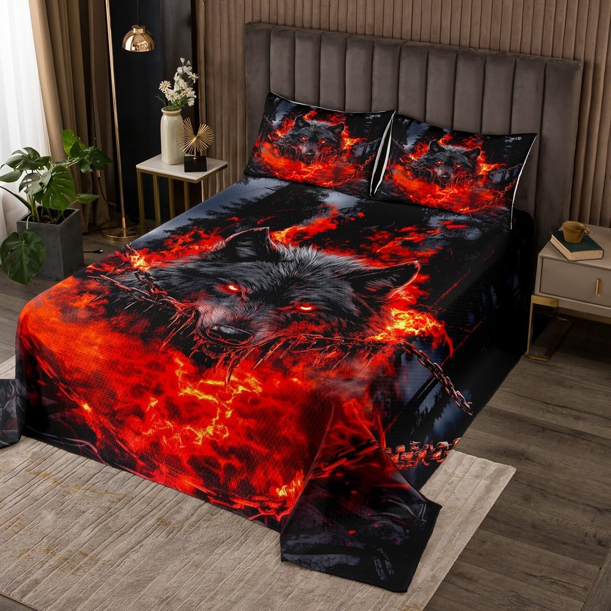 Chinese Painting Bedspread King Size,Traditional Style Building Bridge Quilt Set with 2 Pillowcases,Red Sun Flowers Floral Tree Black Microfiber Coverlet Set for Children Adult,Breathable