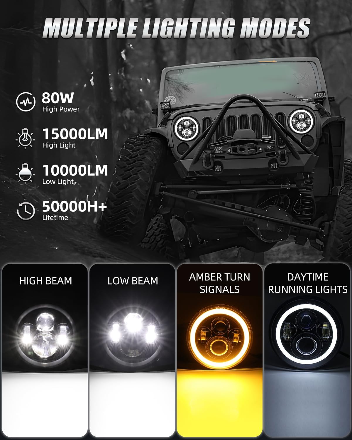 7 Inch LED Headlights Round Halo Angel Eyes DOT Approved 2PCS Classic LED Headlights with White DRL Amber Turn Signal H6024 High/Low Beam Lights for Wrangler JK TJ LJ CJ