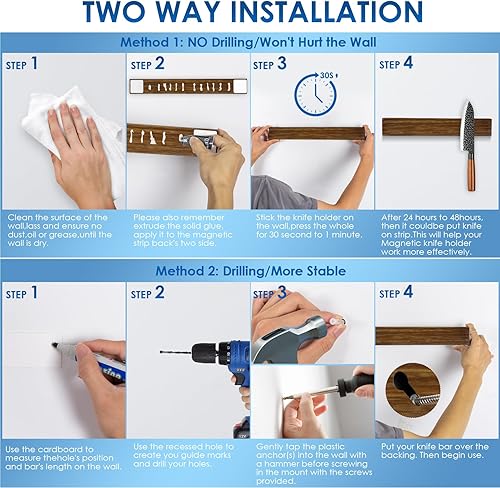 Miniatura 5 de Fohil Soporte magnético para cuchillos de pared de 12 pulgadas, potente cuchillo de madera de acacia que ahorra espacio, tira magnética, sin