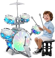 LeeQee Kids Drum Set Ages 1-7: Toddler Jazz Drum Kit with Aurora Lights, Bass Pedal, 5 Drums, Stool - Musical Toy Gift