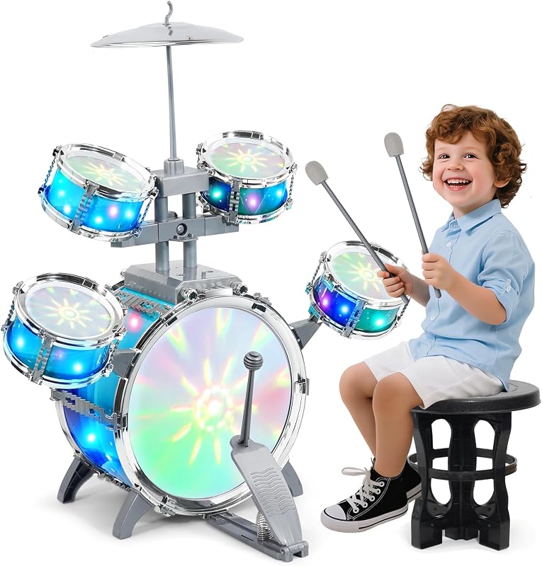 Batería para niños de 3 a 5 años, batería iluminada con taburete y baquetas | Coloridos efectos Aurora, pedal de bajo y platillo, superficie suave de EVA con sonido rico, instrumentos musicales de juguete para niños y niñas