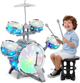LeeQee Kids Drum Set for Toddlers, Light Up Jazz Drum Kit for Kids 3- 5-7, Upgraded EVA Surface Musical Instruments Toy with Stool & Sticks, Birthday for Boys Girls
