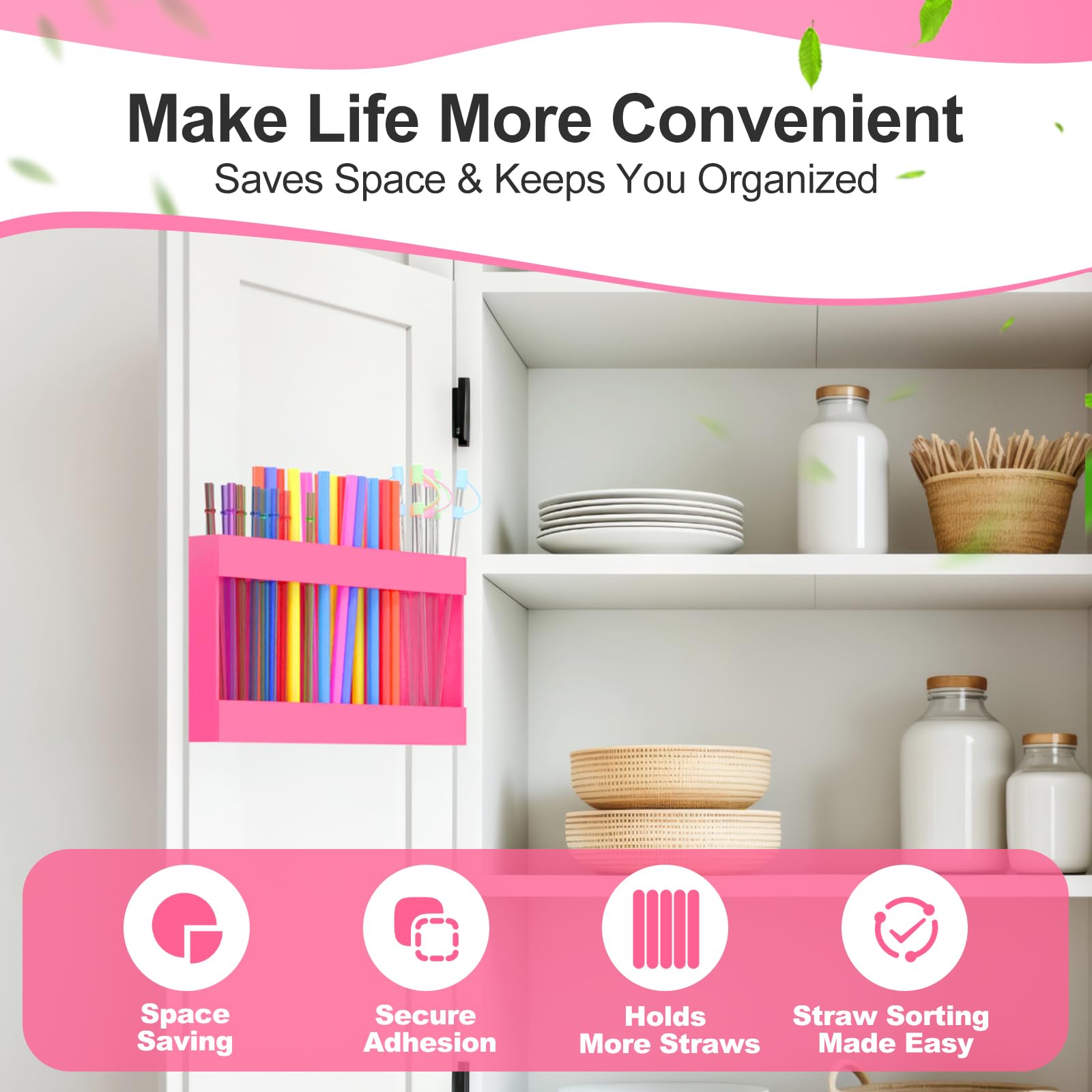 Rycid 9.5” Large Acrylic Straw Holder for Cabinet Door with Detachable Ultra Sticky Adhesive Squares and Stickers, 2026 Reusable Straws Organizer Storage Dispenser for Kitchen Counter Cupboard