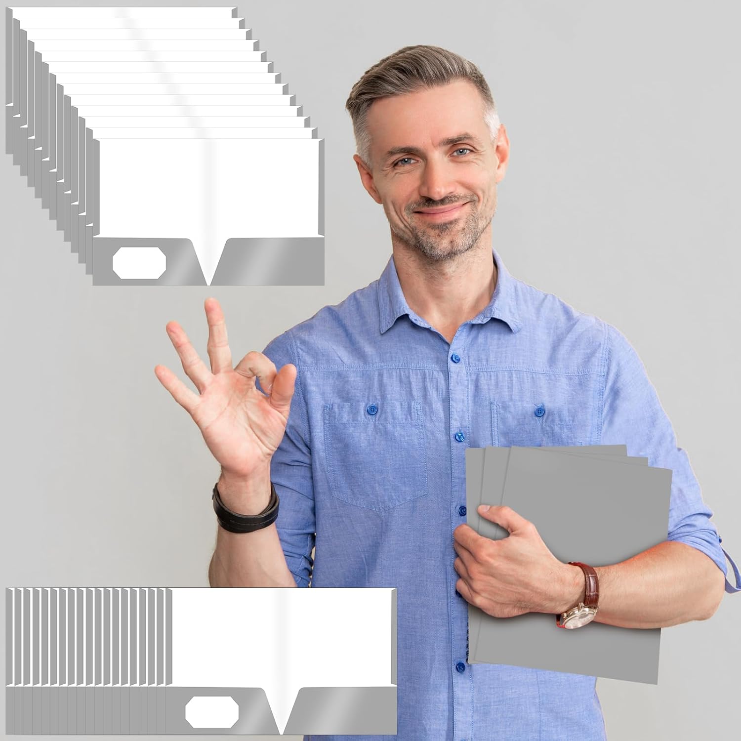 Jutom 50 Pcs 2 Pocket Glossy Paper Folders Glossy Paper Laminated Portfolios, Letter Size, Presentation Folders with Pockets for Office Teacher Worker Supplies(Gray)