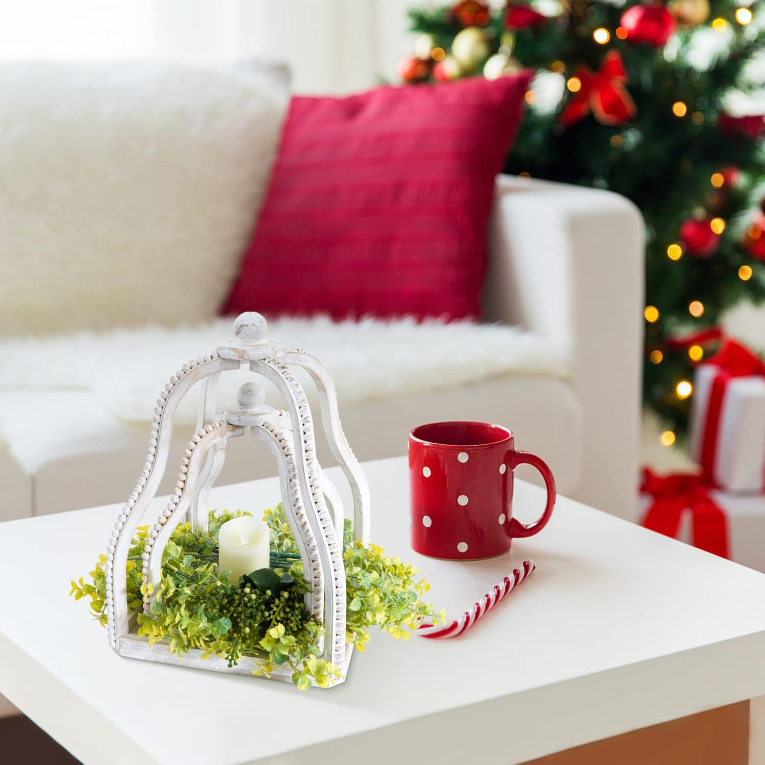 2 Pack Wood Beaded Lantern Set Vintage Rustic Farmhouse Decorative Candle Lanterns, Distressed White