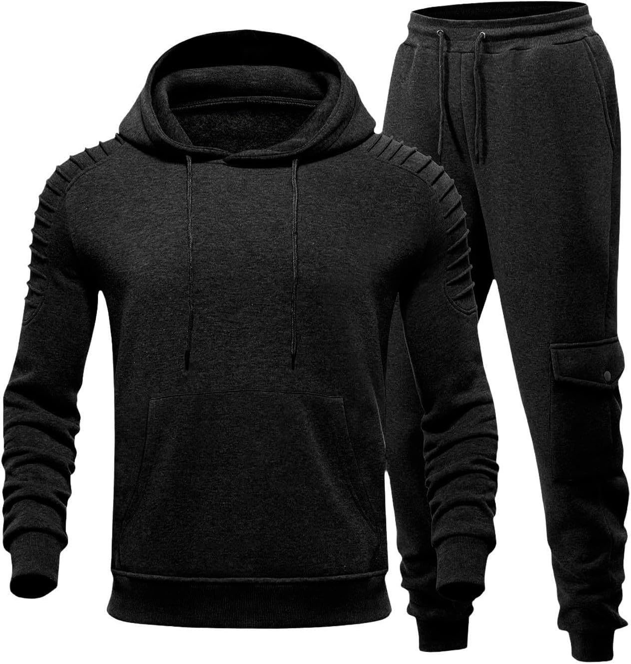 Men's Pleated Sleeve Hoodie Set Cargo Pants 2 Piece Streetwear